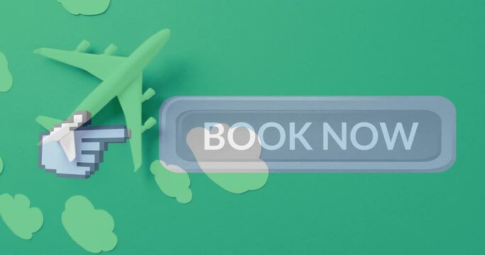 Animation of book now text over plane model with clouds on green background