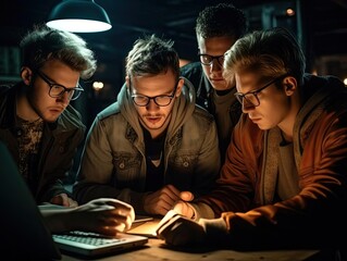 A dynamic team of programmers testing and debugging code through the night to meet a tight deadline  - obrazy, fototapety, plakaty