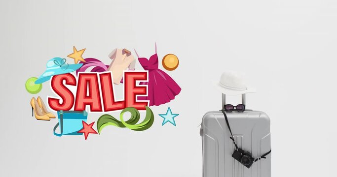 Animation of sale text with icons over suitcase on blue background