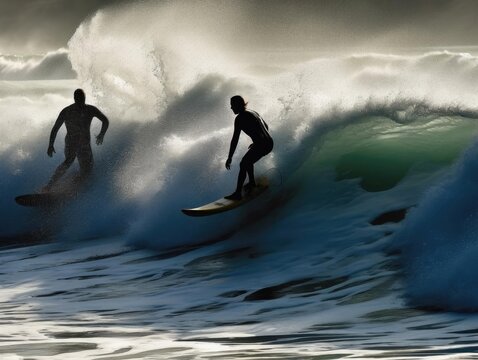 A dynamic action shot of surfers catching a wave at the beach taken with a telephoto lens no text ph