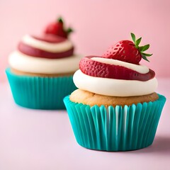 Cupcake with buttercream icing isolated on light pastel background. Frosted cupcakes with white cream and strawberry jam, nuts - AI generated