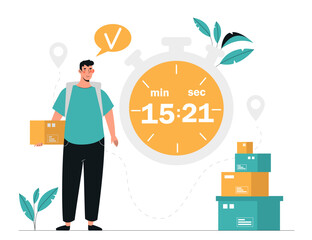 Express courier concept. Man with backpack and box or parcel standing near large clock. Home delivery and online shopping, modern service. Order tracking system. Cartoon flat vector illustration