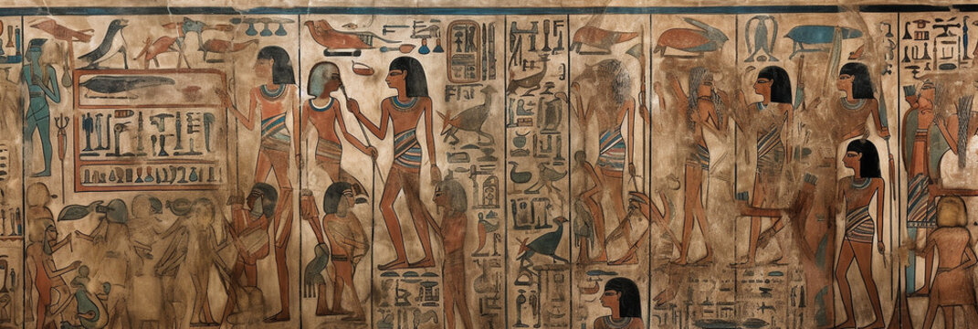 Old Historical Egyptian Painting With Egyptian Hieroglyphs, Generative AI