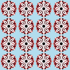 Fresh and bold seamless vector image of red and white flower pattern on blue background with flowery frame.