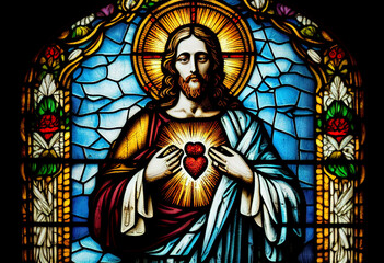 Merciful Jesus with a heart in the style of a church stained glass window, generative AI - obrazy, fototapety, plakaty