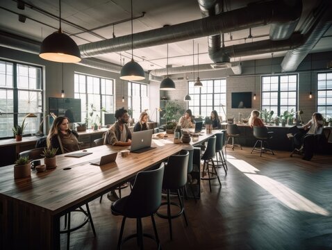 A bustling coworking space filled with freelancers and entrepreneurs working at shared desks private
