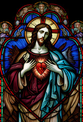 Merciful Jesus with a heart in the style of a church stained glass window, generative AI