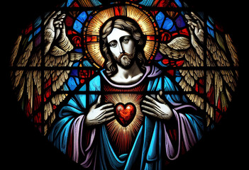 Obraz premium Merciful Jesus with a heart in the style of a church stained glass window, generative AI