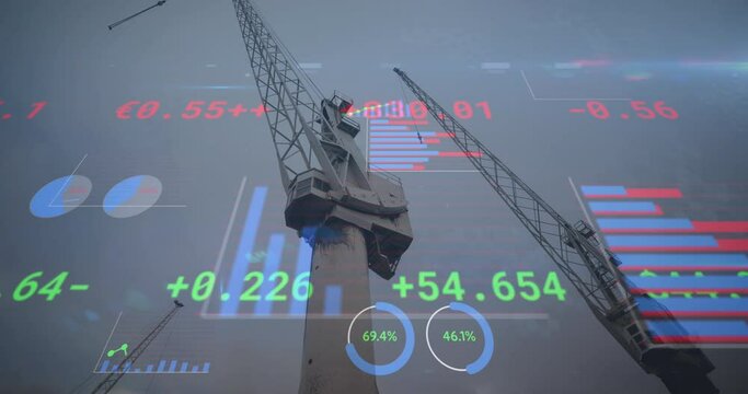 Animation of financial data processing over cranes in shipyard
