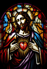Fototapeta na wymiar Merciful Jesus with a heart in the style of a church stained glass window, generative AI