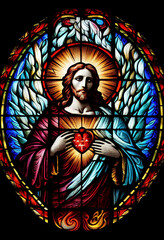 Fototapeta premium Merciful Jesus with a heart in the style of a church stained glass window, generative AI