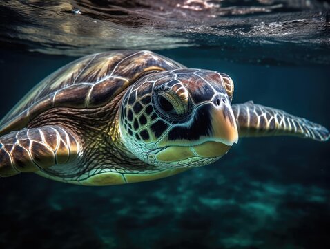 A curious sea turtle swimming in ocean currents ideal for promoting the wonders of marine life the i