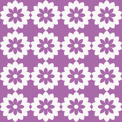 Fototapeta na wymiar Classic white floral pattern with purple garden flowers and stylized geometric motifs in checkerboard design.