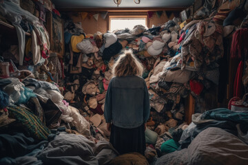 Woman hoarder looking at a room piled with clothing, Generative AI - obrazy, fototapety, plakaty