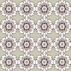 Charming brown and beige floral pattern with chrysanthemums and marigolds on white background, giving zen.