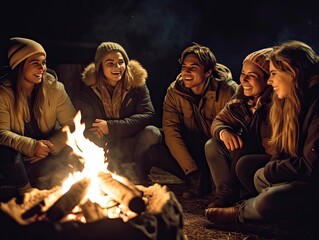 A group of friends gathered around a bonfire sharing stories and laughter photographed with a 50mm p - obrazy, fototapety, plakaty