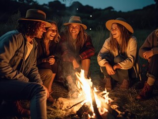 A group of friends gathered around a bonfire sharing stories and laughter photographed with a 50mm p - obrazy, fototapety, plakaty