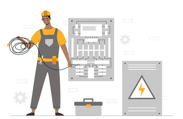 Electrician at workplace. Young person in uniform and protective helmet fixes troubles in electrical panel, restores electricity in house, office or apartment. Cartoon flat vector illustration