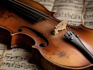 A closeup image of sheet music with a beautifully aged violin resting on top taken with a 100mm macr