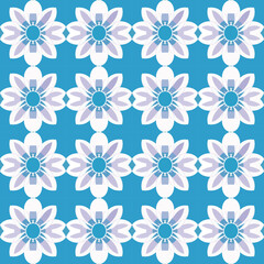 Bright and eye-catching design with symmetrical sunflower motifs on blue background, suitable for repeat.