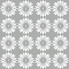 Repeating pattern of detailed flowers in white and crystallic sunflowers on gray background creates modern.