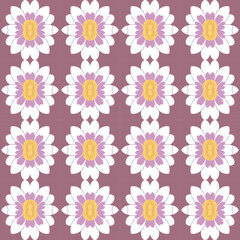 Fototapeta na wymiar Pastel pink background with little daisies and yellow centers makes up this flowery repeating pattern.