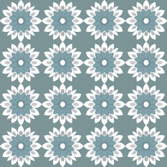 This trendy repeating fabric design features flowery motifs in blue and white on pale cyan and.