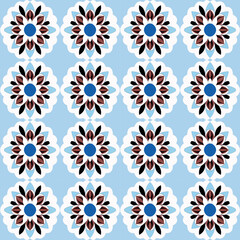 Bold and stylish blue and red floral seamless repeating pattern with symmetrical geometric patterns inspired.