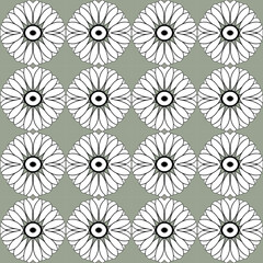 Classic white and gray seamless fabric pattern with chrysanthemum motifs in powerfully stylized geometric.
