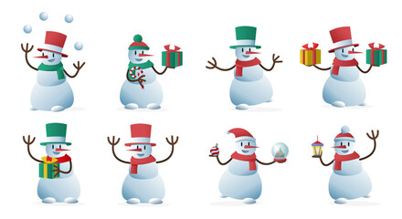Christmas snowmans set. Collection of fictional characters with gift boxes. Present and surprise. Winter holidays and festivals. Cartoon flat vector illustrations isolated on white background