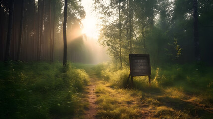 Fototapeta premium empty wooden sign on edge of forest on summer ,generative ai