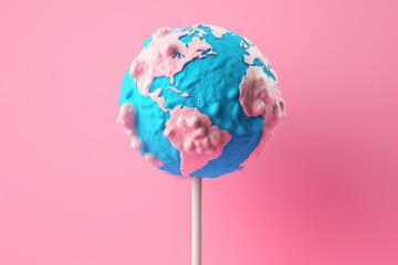 Earth depicted as a lollipop on pink background. AI generated image