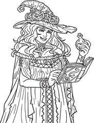Halloween Witch with Potion Isolated Coloring Page Generative AI