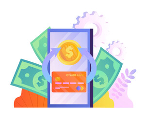Concept of cashback. Smartphone with gold coin and green banknotes. Special offer for regular customers, loyalty program. Discounts, sales and promotions. Cartoon flat vector illustration