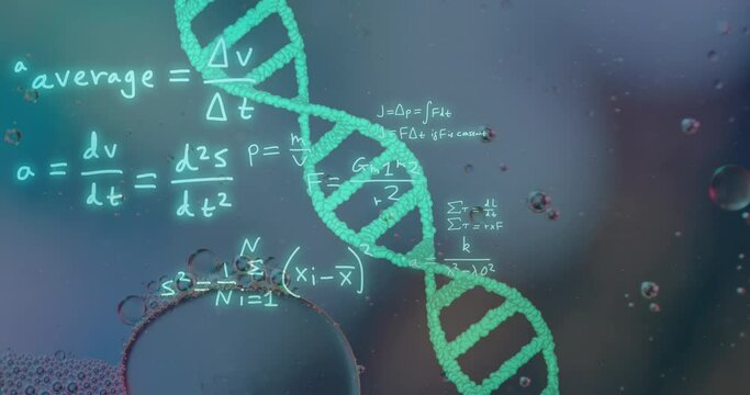 Animation of bubbles over dna strand and mathematical equations on blue background