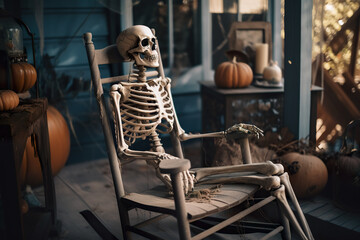 A skeleton sitting in a rocking chair on a porch. AI generative.
