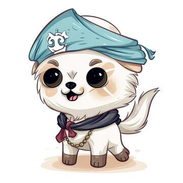 Cute little white puppy dog as pirate, cartoon chibi style, AI generative illustration