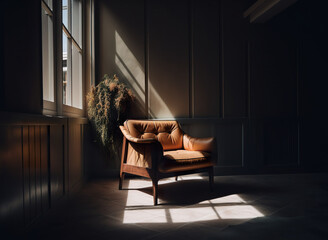 A brown chair sitting in a room next to a window. AI generative.