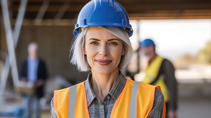 woman working on a construction site, construction hard hat and work vest, smirking, middle aged or older, Generative AI