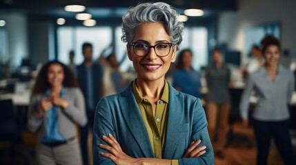 Attractive businesswoman woman posing at her work place with coworkers in the background. Generative AI	