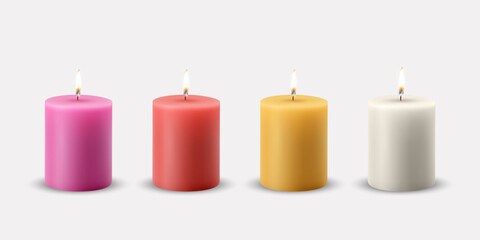 Obraz na płótnie Canvas Vector 3d Realistic Red, Yellow, Pink, White Paraffin Wax Burning Party, Spa Candle with Flame of a Candle Icon Set Isolated. Design Template, Front View
