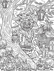 Halloween Scarecrow Standing Adults Coloring Page Generative AI