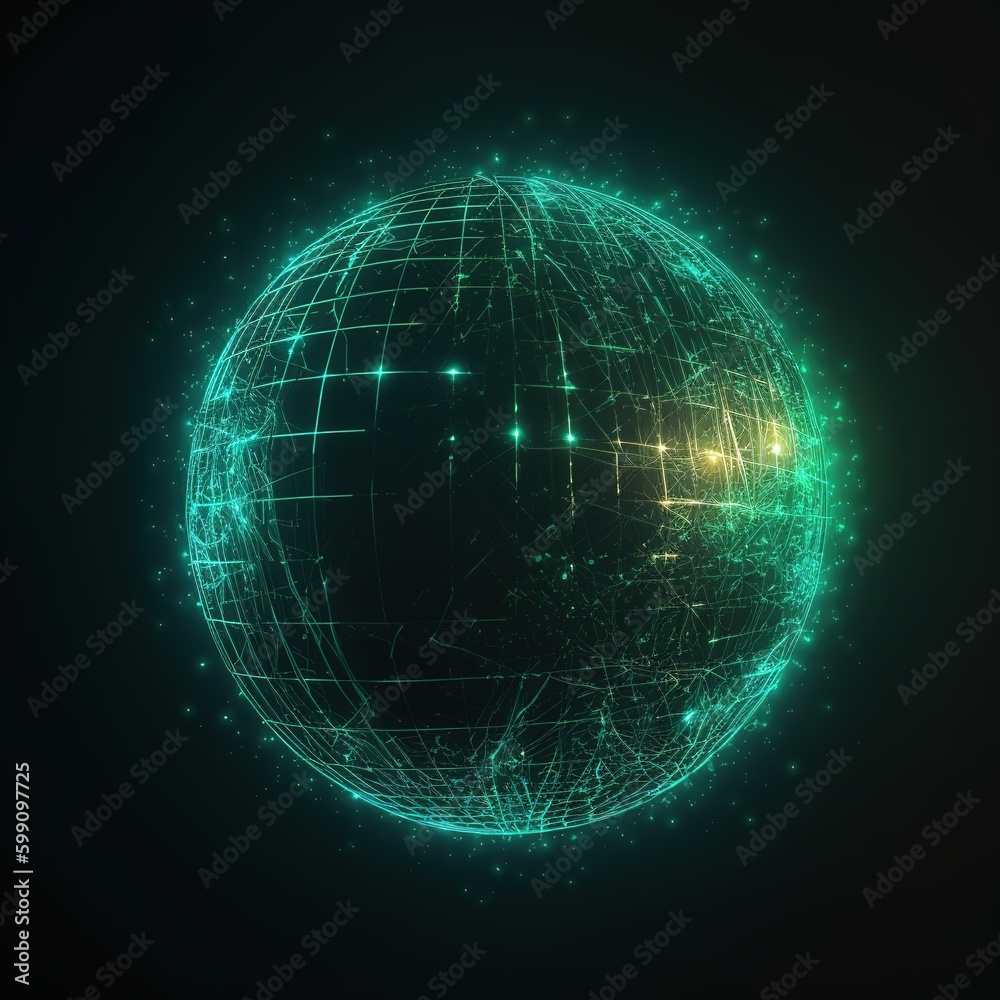 Poster digital circuit ball. convergence of digital and technology. background of blue light and wireframe 