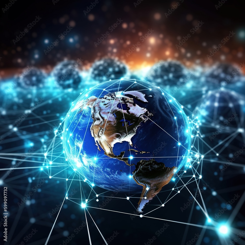 Poster global world telecommunication network connected around planet earth for internet and worldwide comm
