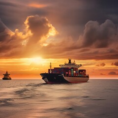 container cargo logistics import export transport, At sunset, a large ship in the ocean. generative AI