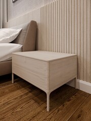 3D rendering  close up  empty space of night table or bedside table  with modern bed