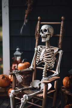 A skeleton sitting in a rocking chair on a porch. AI generative.