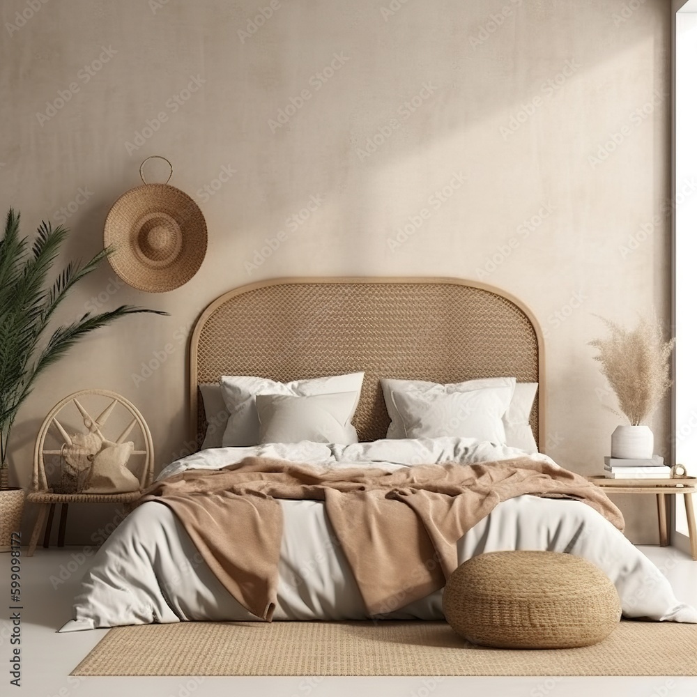 Sticker Home mockup, bedroom interior background with rattan furniture and blank wall, Coastal style. generative AI