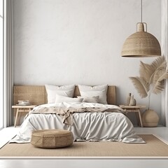 Coastal-style home mockup of a bedroom decor with rattan furniture against a white background. generative AI