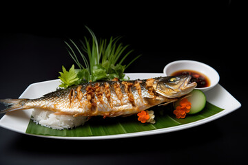 Ca Nuong, Vietnamese grilled fish marinated in lemongrass and served with rice, fresh herbs, and a dipping sauce, AI generative